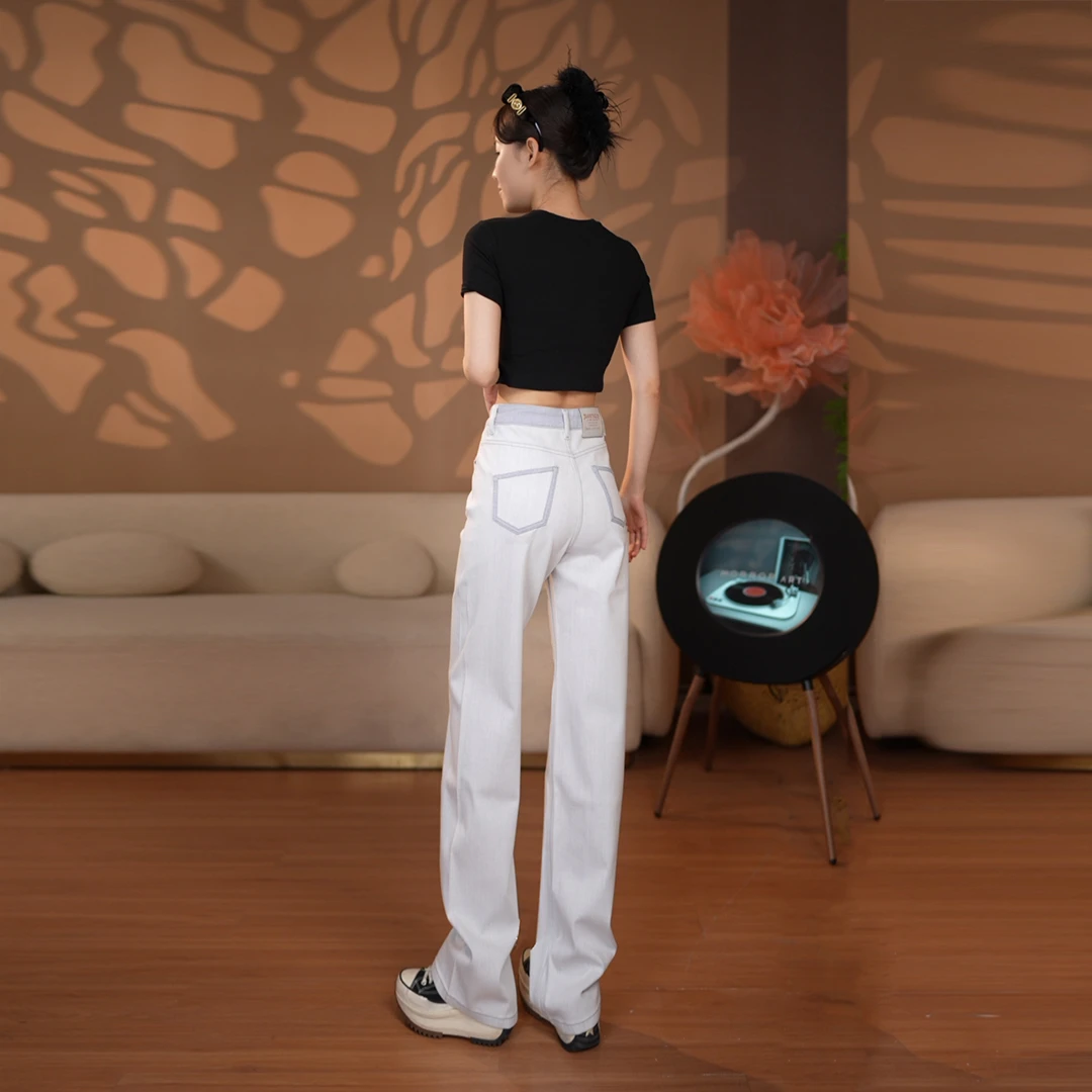 【珍珠白】窄版阔腿裤弯刀裤直筒裤牛仔裤女款2025秋款新软撞色显瘦