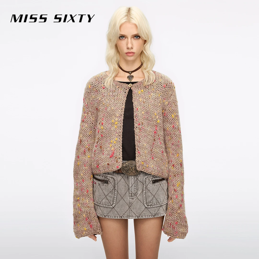 Miss Sixty2025秋季新款针织开衫女一粒扣羊毛彩点纱宽松短款外套
