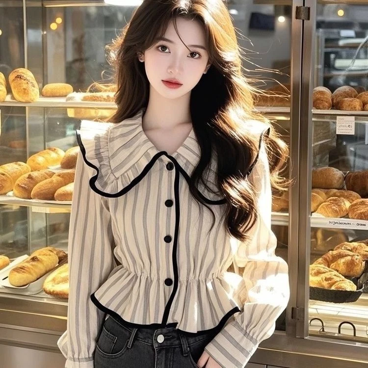 设计感小衫2025秋季新款娃娃领长袖高级独特时尚洋气条纹衬衫上衣