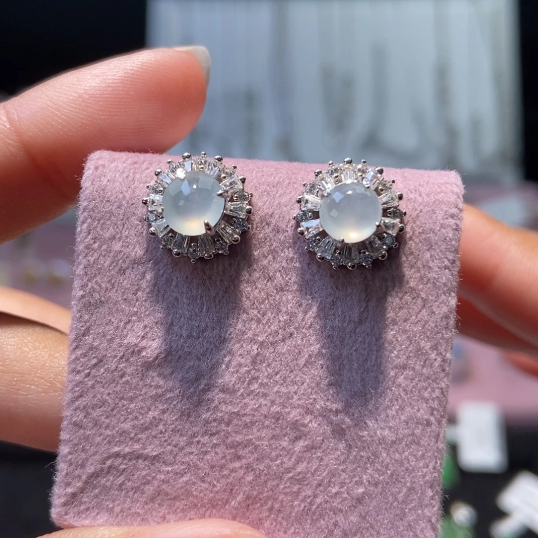 翡翠银S925镶嵌耳饰纯天然缅甸翡翠A货耳钉