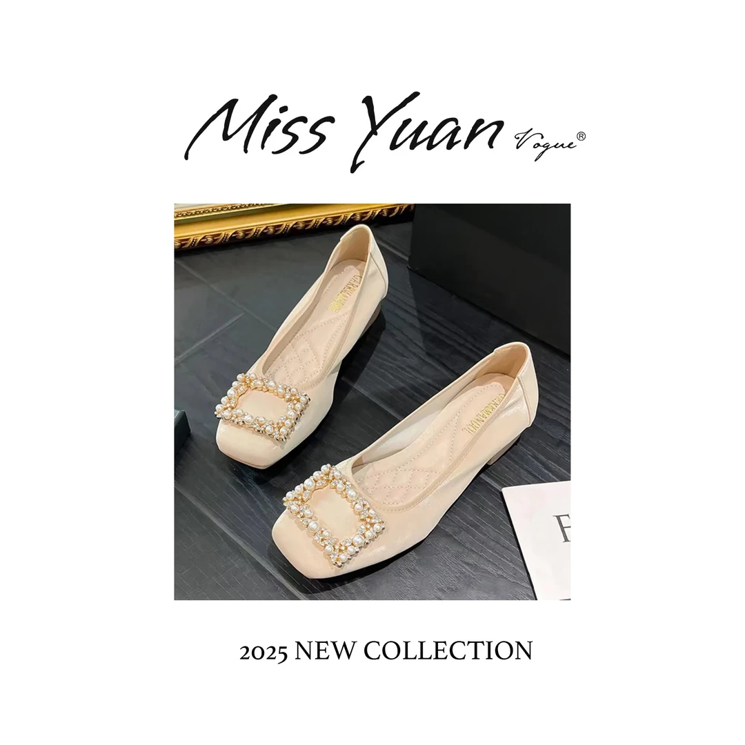 M.Y媛总 法式优雅珍珠方扣单鞋女2025新款时尚一脚蹬粗跟休闲鞋