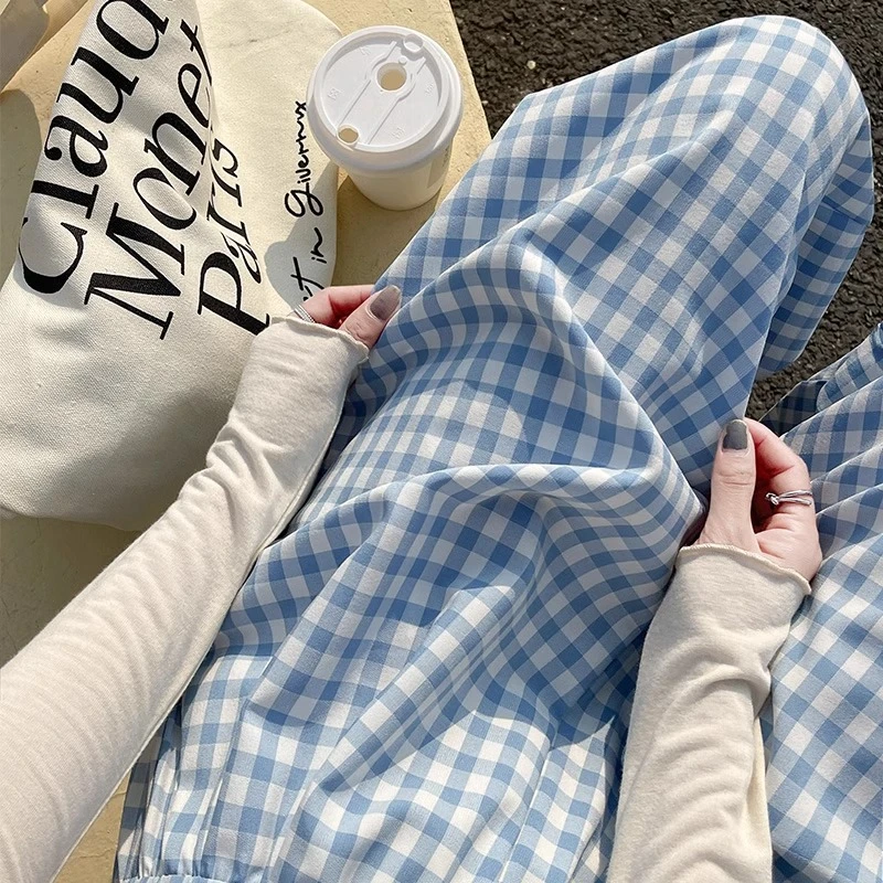 复古蓝色格子裤女春秋2025新款高腰垂感拖地遛弯裤直筒阔腿休闲裤