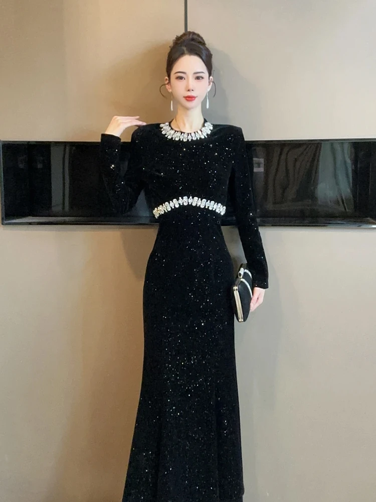 欧洲站黑色连衣裙女秋季重工镶钻宴会礼服轻奢高级感修身鱼尾长裙