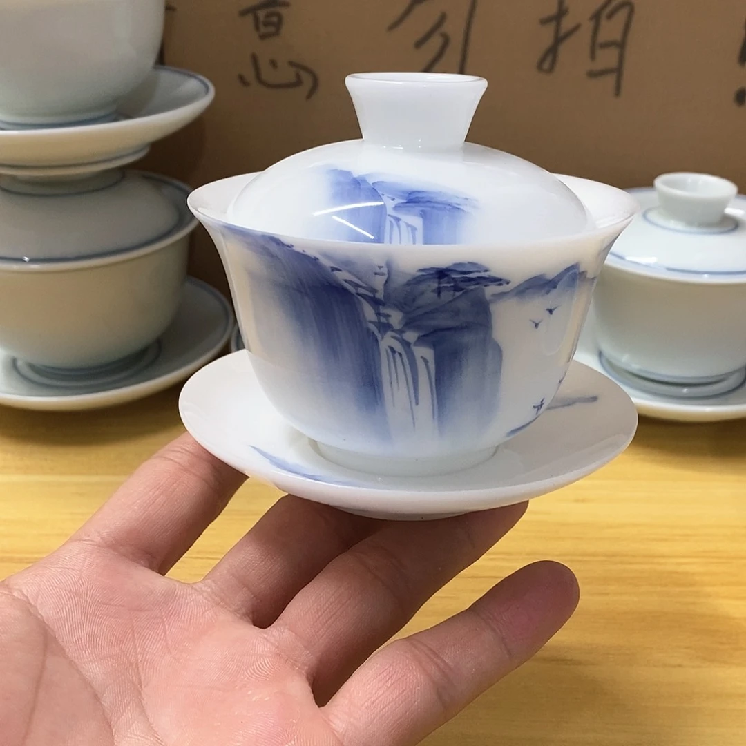 冰种玉瓷手绘盖碗（瑕）160