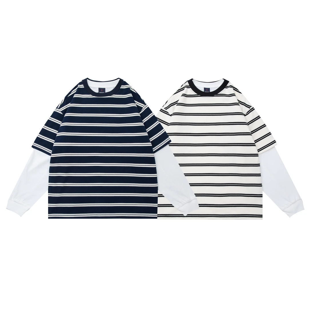 REKNAT秋季新款条纹真两件长袖T恤复古休闲圆领长袖1268