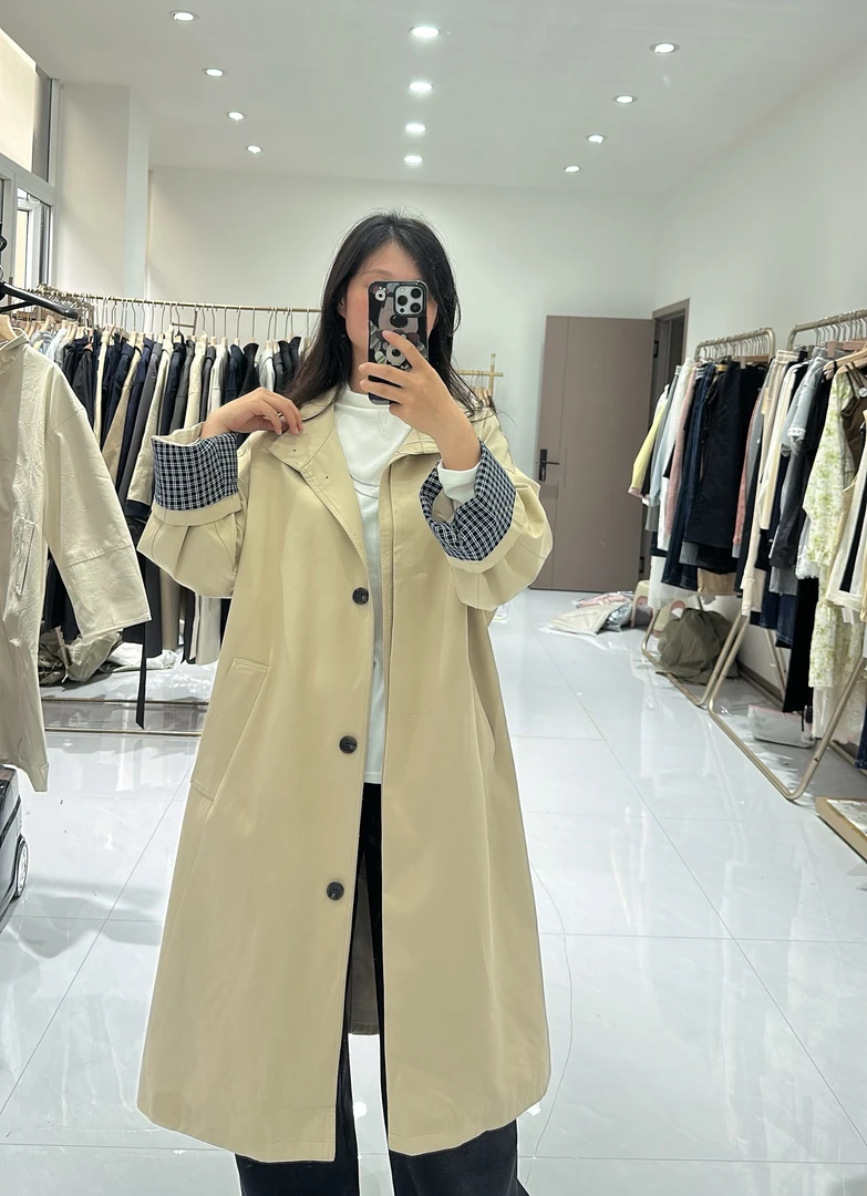 【李姑娘专属】8871韩版格子拼接长款外套
