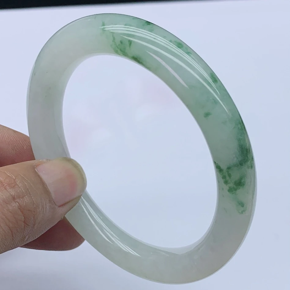 001643翡翠手镯56圈圆条冰飘花水润天然A货缅甸玉手镯玉镯女款玉