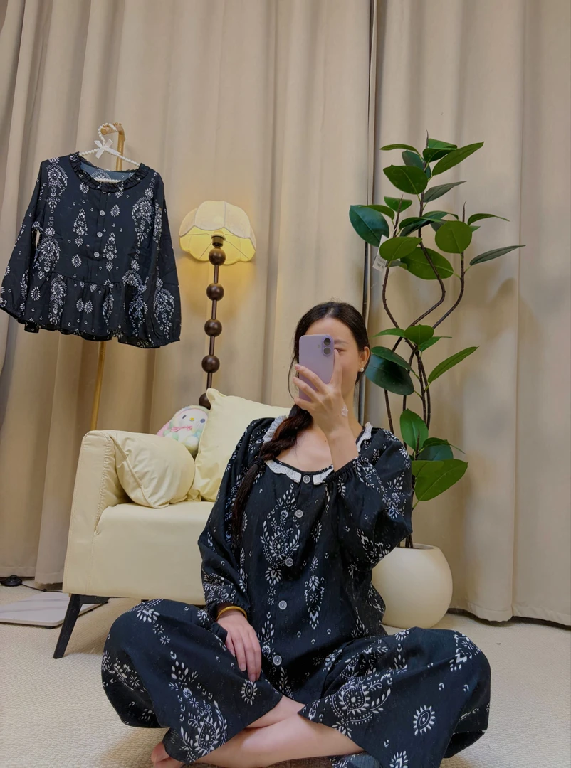 秋季带胸垫女士长袖长裤睡衣可外出小众家居服套装7311