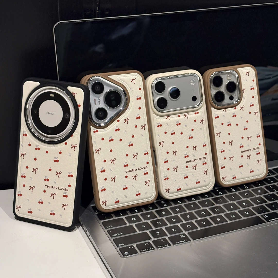 蓝色樱桃适用苹果17pro手机壳16PM电镀皮纹15华为mate70女小众p80