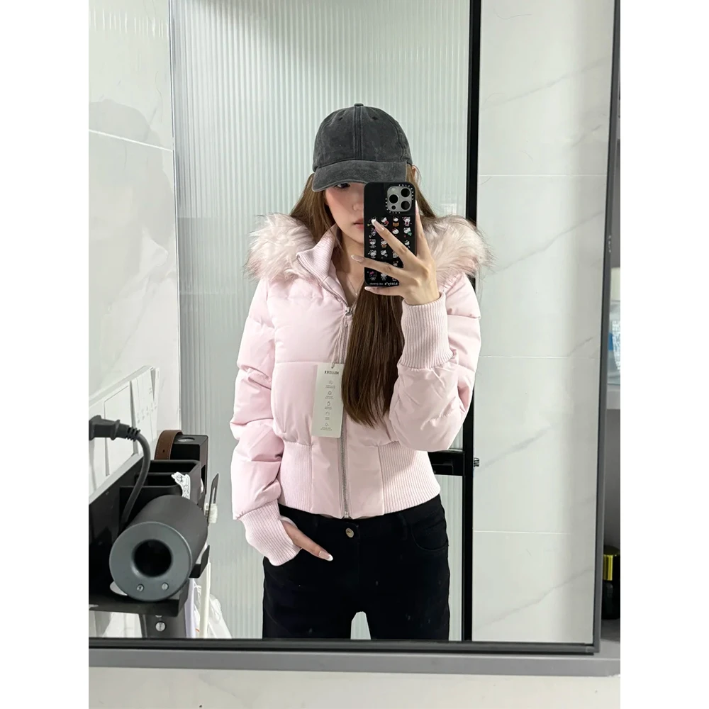 粉色甜美毛领连帽棉服女冬季新款高级感收腰显瘦加厚短款保暖棉衣