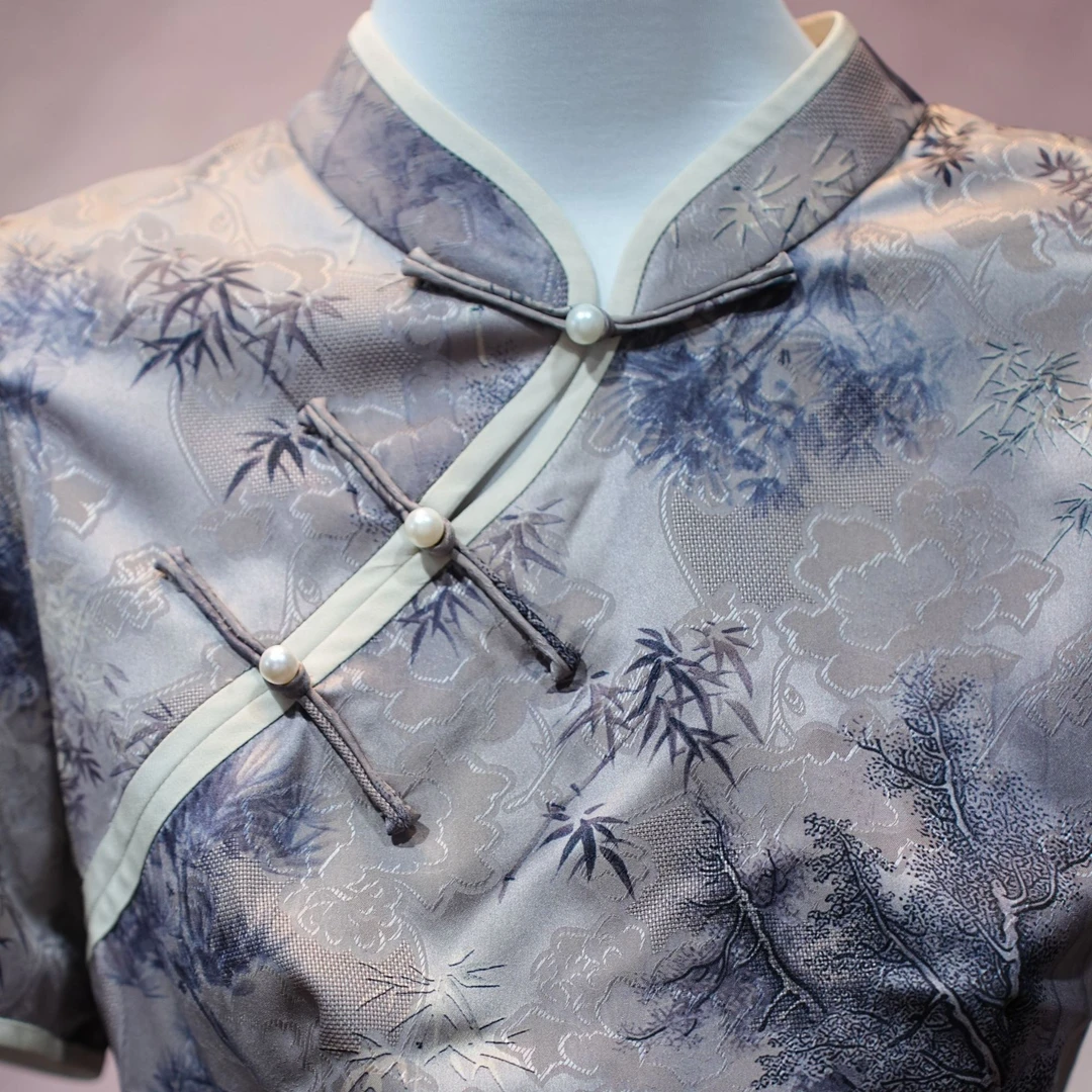 旗袍长款改良春夏新款高端灰色礼服