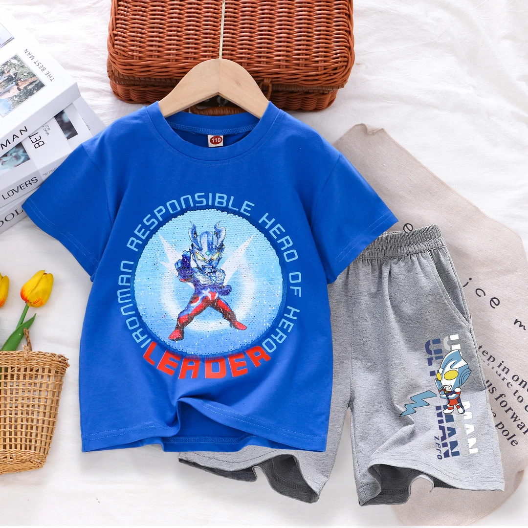 男童短裤套装儿童夏装两件套超人双面亮片上衣潮范宽松短裤时尚