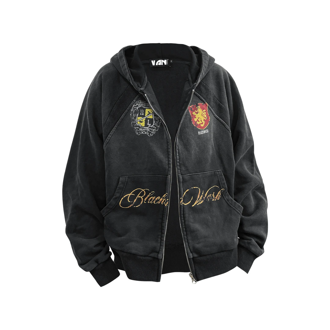 US5自制 复古水洗连帽卫衣男短款宽松狮徽学院风做旧叠穿长袖外套