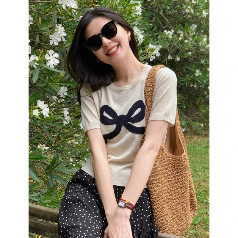 韩系蝴蝶结冰丝针织短袖t恤女夏季小个子薄款设计感小众别致上衣