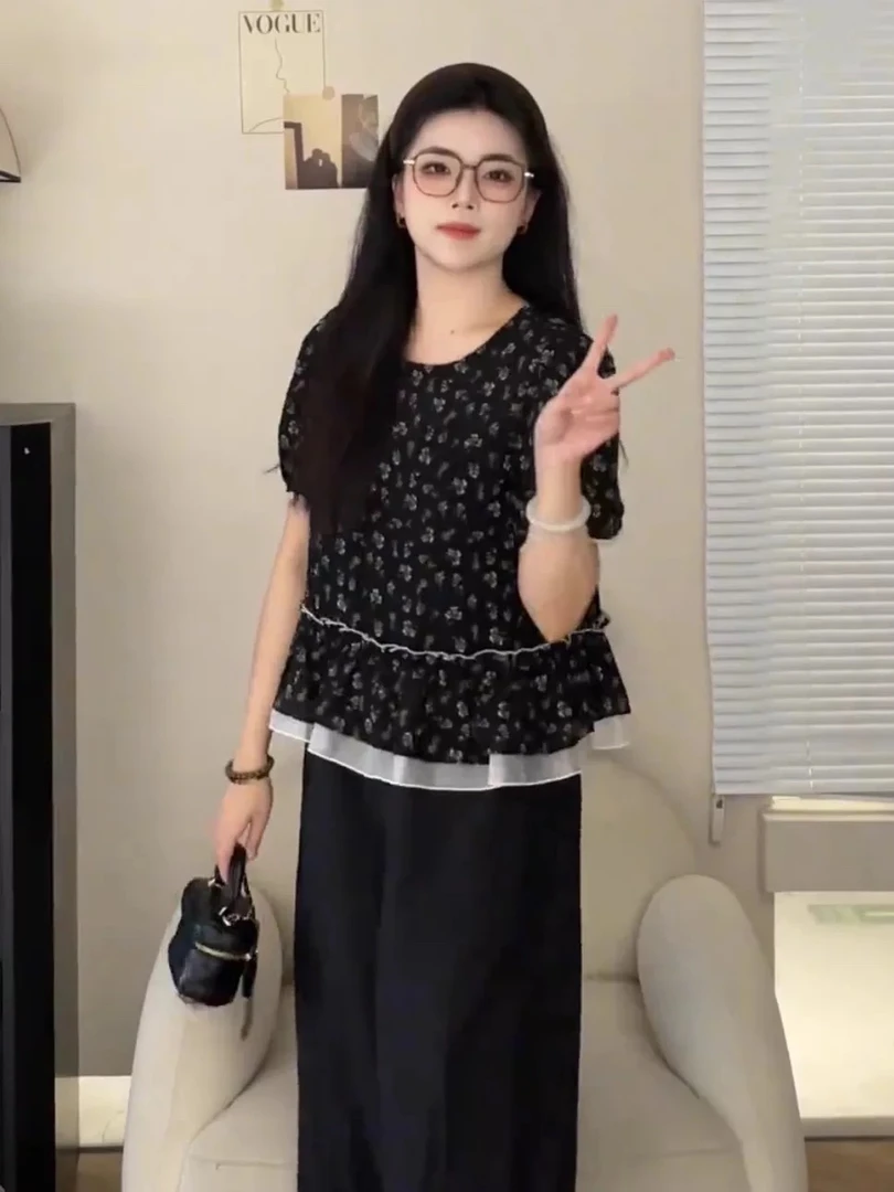 妮妮家7162夏季新款时尚网纱拼接花边碎花甜美小衫