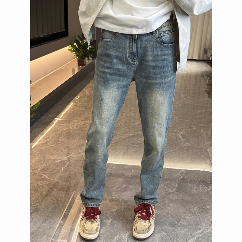 复古蓝窄版直筒牛仔裤男夏季薄款美式vibe裤子修身显瘦提裆休闲裤