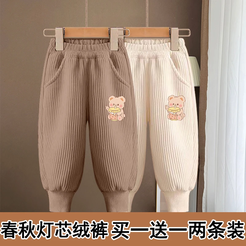 2025春秋款男女童运动长裤时尚外穿松紧弹力卡通印花灯芯绒束脚裤