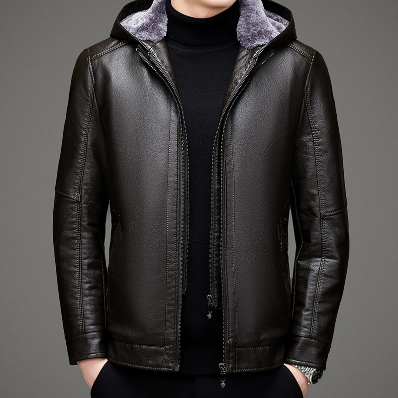 【海宁优选】冬季新款男士可脱卸帽加绒真皮商务休闲皮衣外套爸爸装