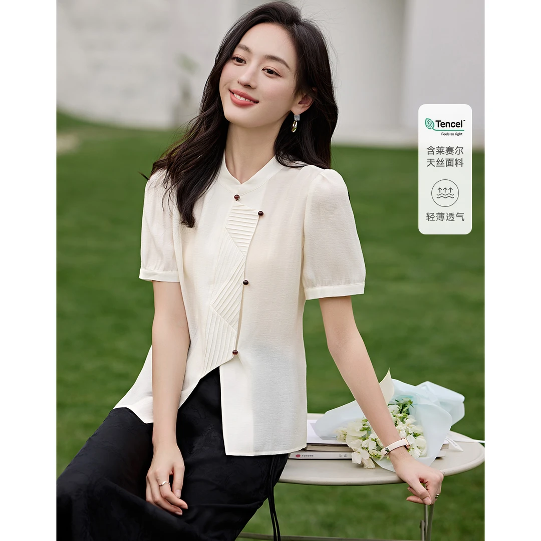 沫晗依美【梨花香】2025秋夏新中式国风肌理感拼接短袖衬衫女8041
