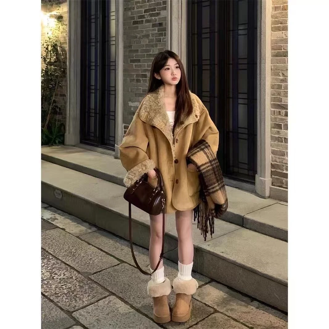 两面穿羊羔毛冬季外套女卡其色中长款皮毛一体机车服加厚保暖大衣