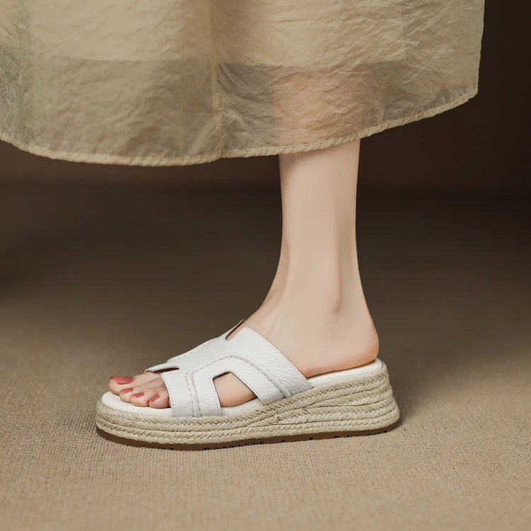 牛皮版！赵露思同款~一字拖凉拖鞋女夏外穿草编松糕鞋厚底高跟凉鞋