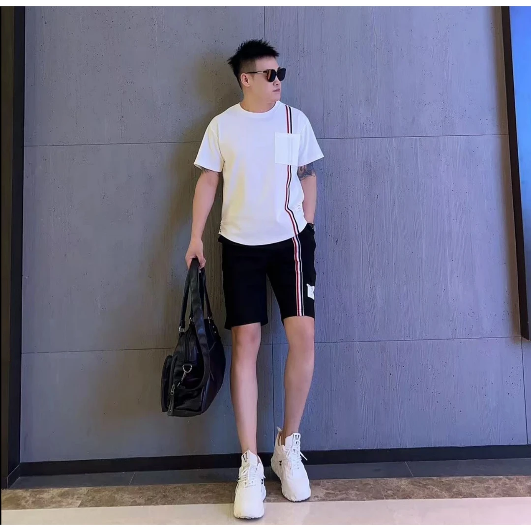 欧货轻奢潮牌拼色彩条半截袖短裤两件套男士薄款凉感运动休闲套装