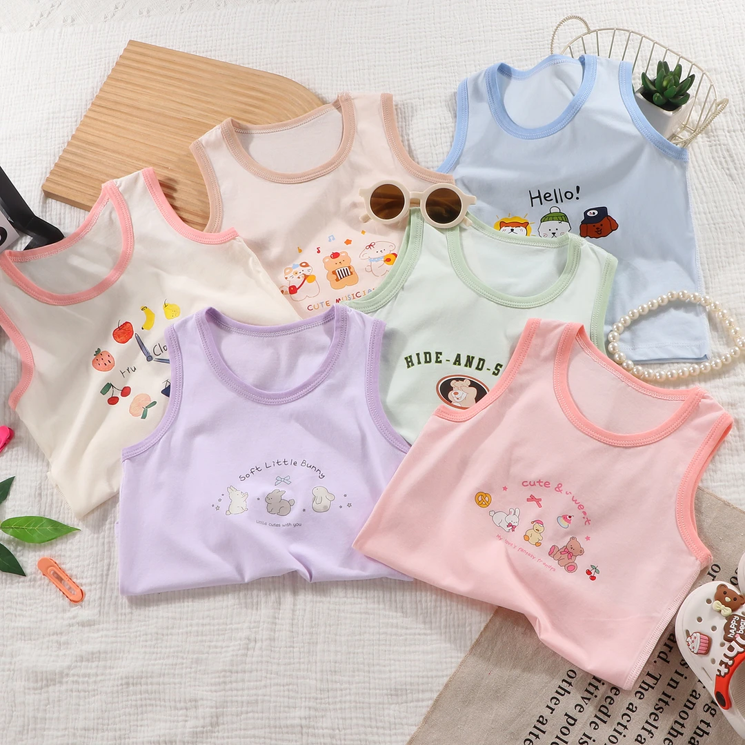 儿童夏季纯棉背心男女童精梳棉无袖背心糖果卡通时尚薄款家居睡衣