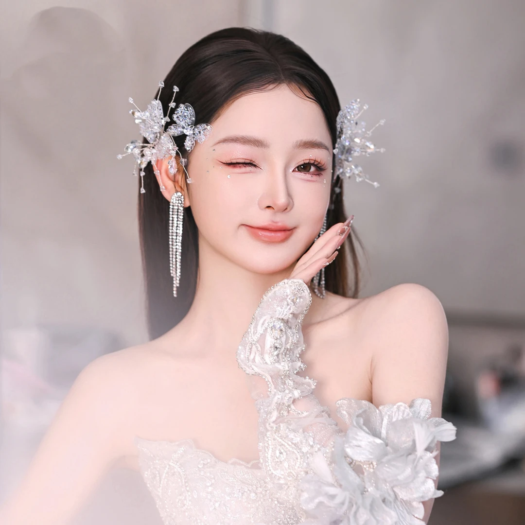 韩式超闪手工水晶串珠蝴蝶边夹新娘头饰森系高级感婚纱气质发饰品