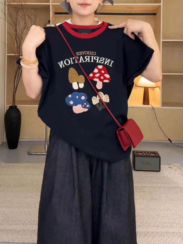 纯棉大码撞色卡通刺绣短袖t恤女2025夏季新款宽松显瘦时尚上衣女