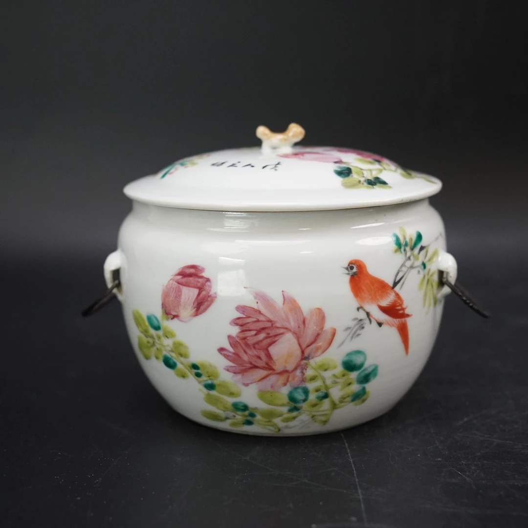 Lot.25110134民国粉彩花鸟纹粥罐 高：约12.1cm