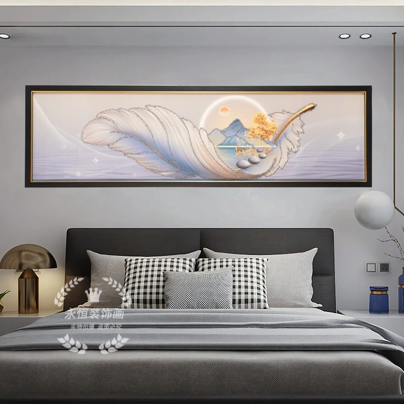 极光凤羽现代简约主卧装饰画卧室床头钢化玻璃立体实物装饰画