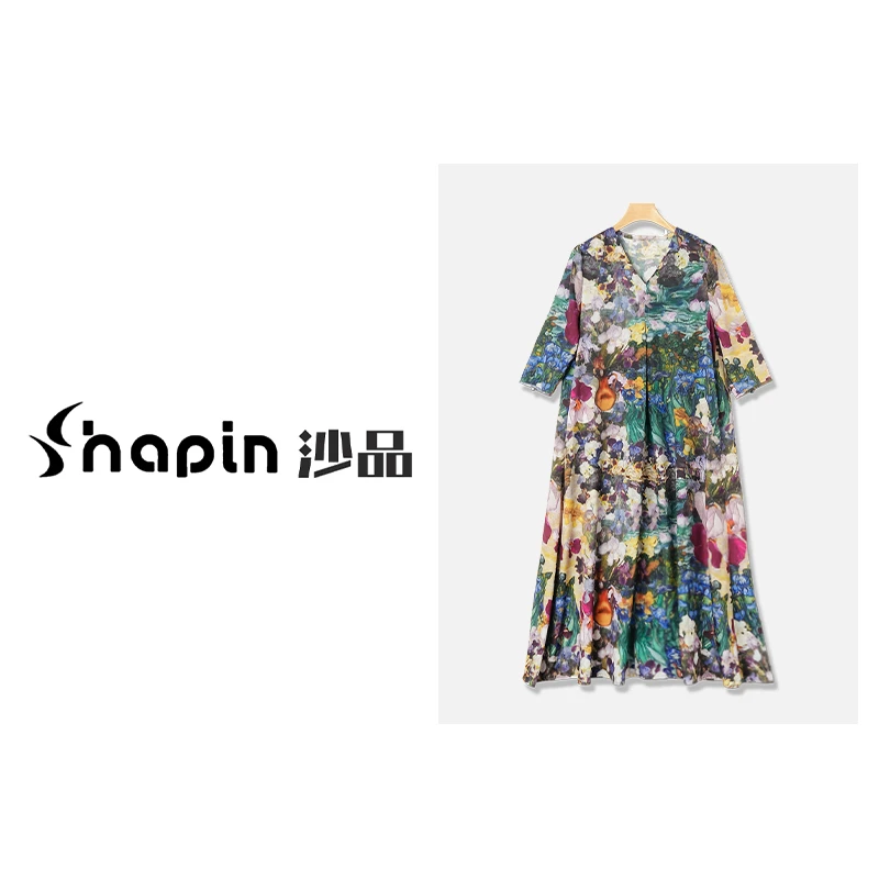 印象派莫奈花园气质印花连衣裙多巴胺优雅长裙女MM7992