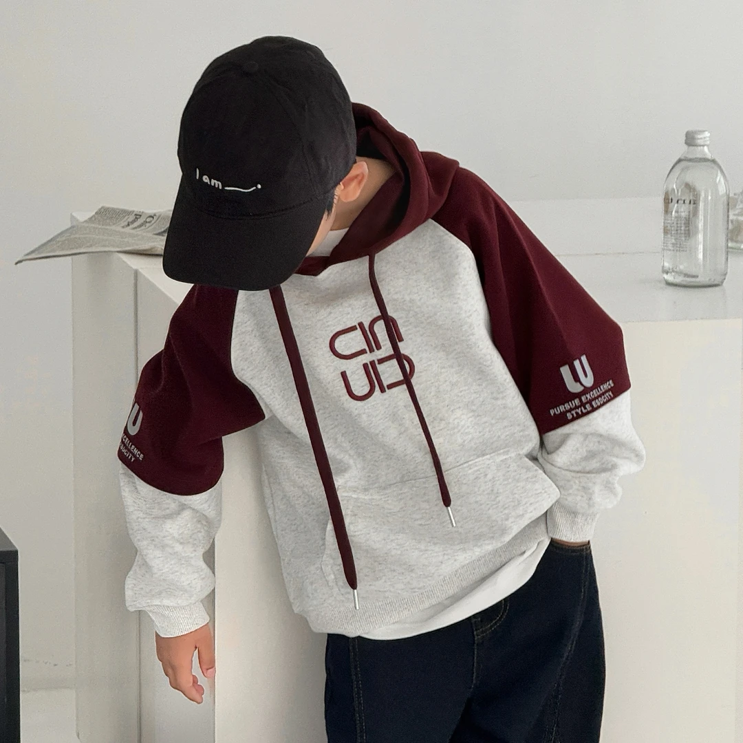 男童拼色字母连帽卫衣春秋款2025新款儿童韩版休闲上衣中大童15岁