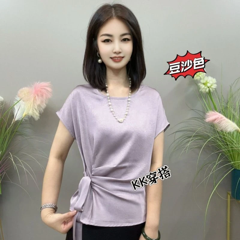 设计感小众系带柔滑短袖T恤女2025年夏新款时尚洋气套头别致上衣