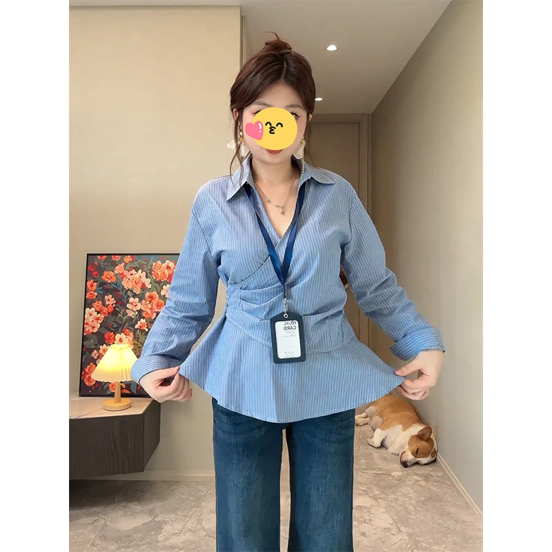 大码胖MM韩式侧边收腰交叉条纹衬衫女早秋新款设计感显瘦衬衣
