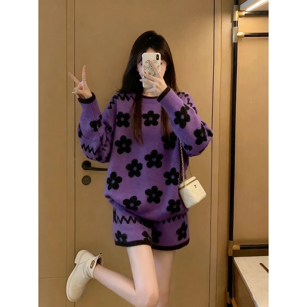 巨好看紫色气质针织套装女2025新款秋季轻熟风穿搭上衣裤子两件套