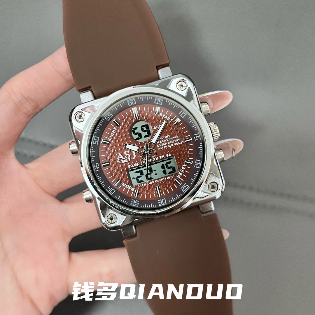 ASJ外贸库存！店主独家捡漏款！双机芯钢橡胶方形多功能男手表石英