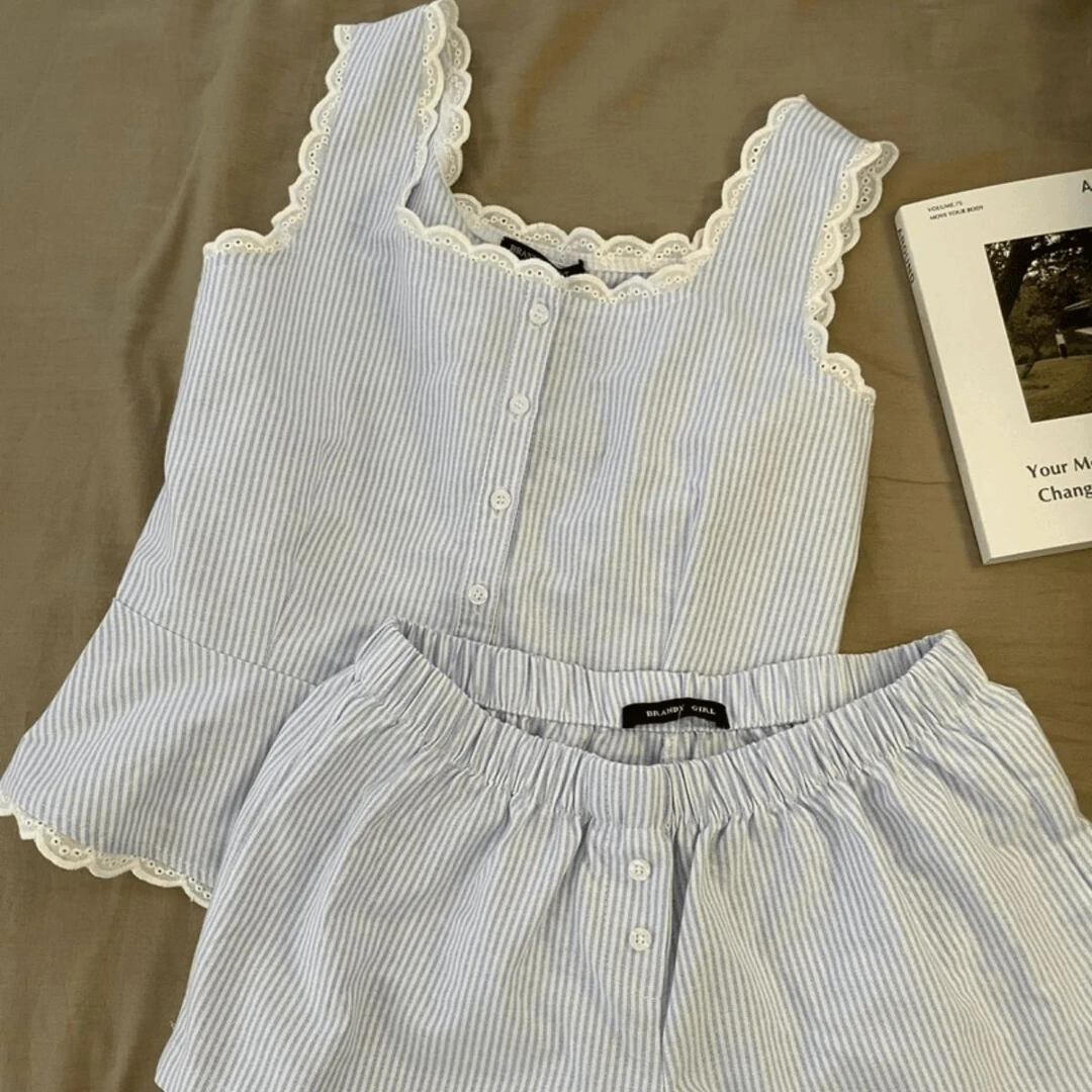 芯语婷【法式纯欲风】甜美蕾丝花边吊带睡衣女夏季新款背带短裤套装