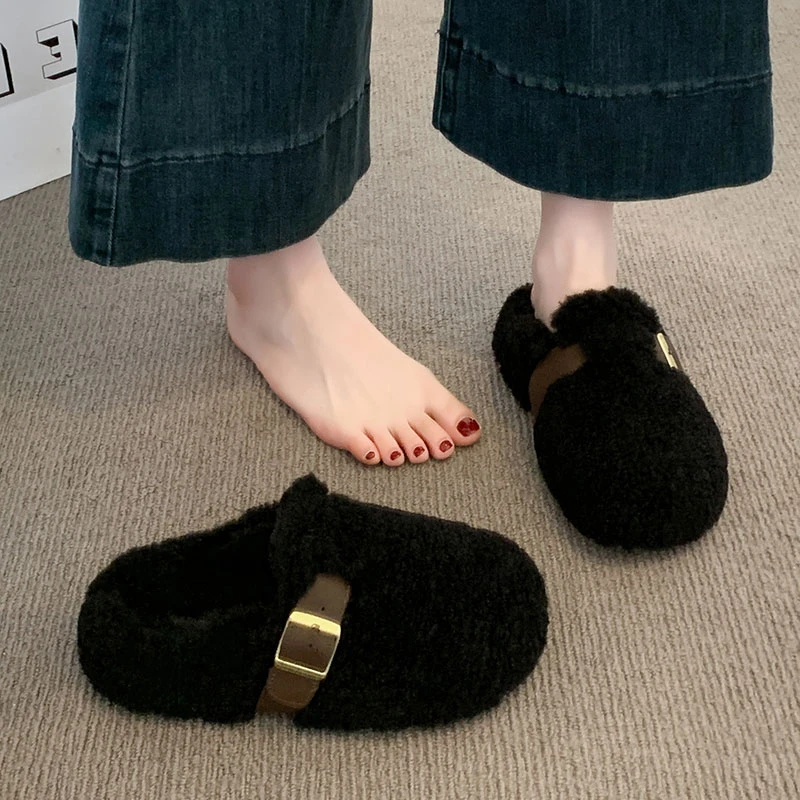 厚底勃肯包头毛毛拖鞋女外穿2025新款秋冬季一脚蹬保暖加绒棉拖鞋