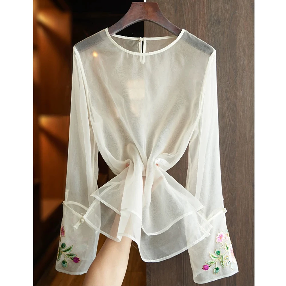 100桑蚕丝真丝欧根缎花朵刺绣桑蚕丝长袖衬衣ZKC63白色