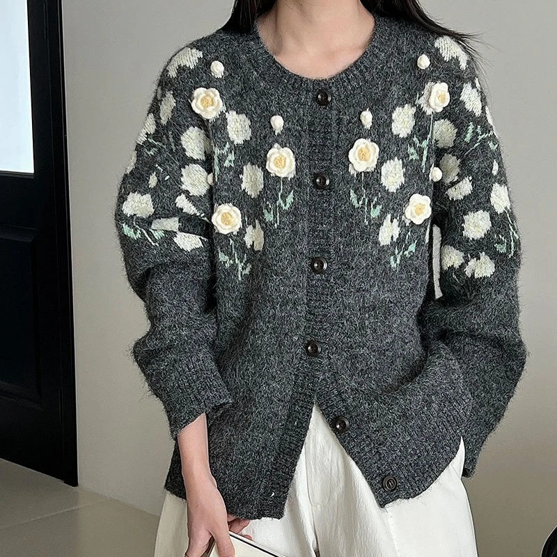 【灰色小花】针织花朵女毛针织衫宽松休闲秋冬长袖薄款女装