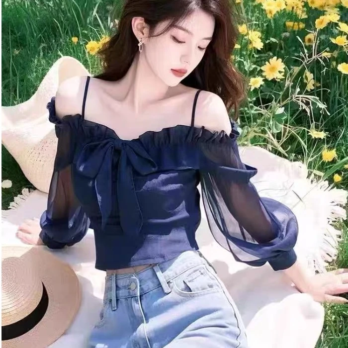 法式吊带蝴蝴结一字露肩长袖雪纺衫T恤女装夏季气质修身短款上衣