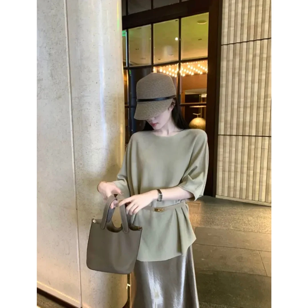 高品质高级圆领冰丝老钱风宽松休闲上衣配腰带半身裙女装裙子新款