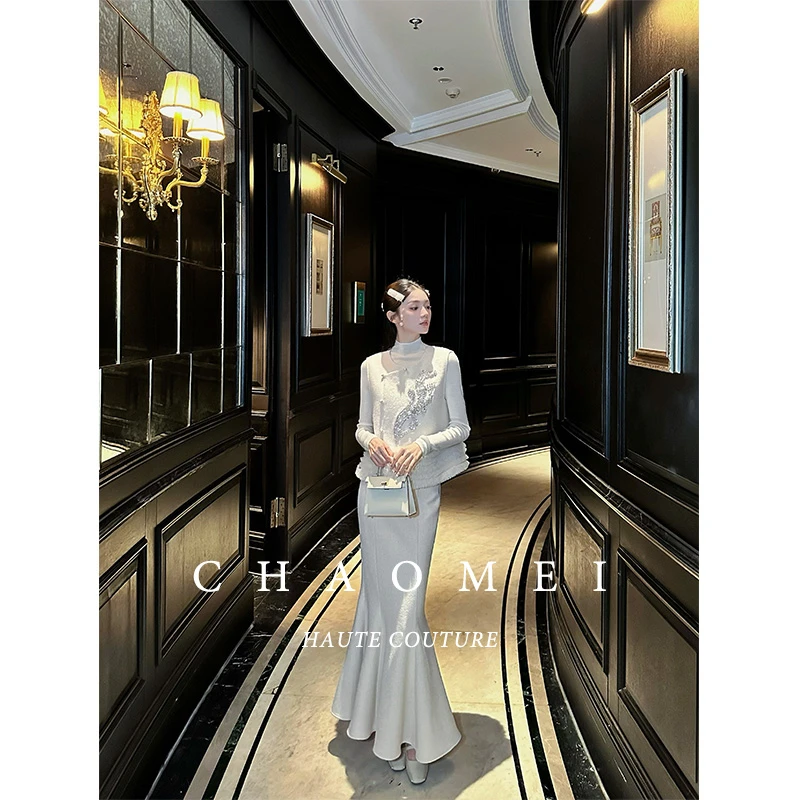 冯(CHAOMEI【素金时代】国风新中式女装胸口网纱花边装饰羊毛套装