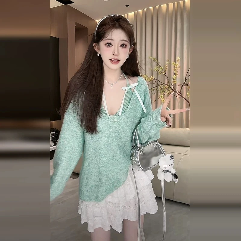 初恋少女露肩长袖T恤女蝴蝶结挂脖吊带设计感宽松羊毛三件套装