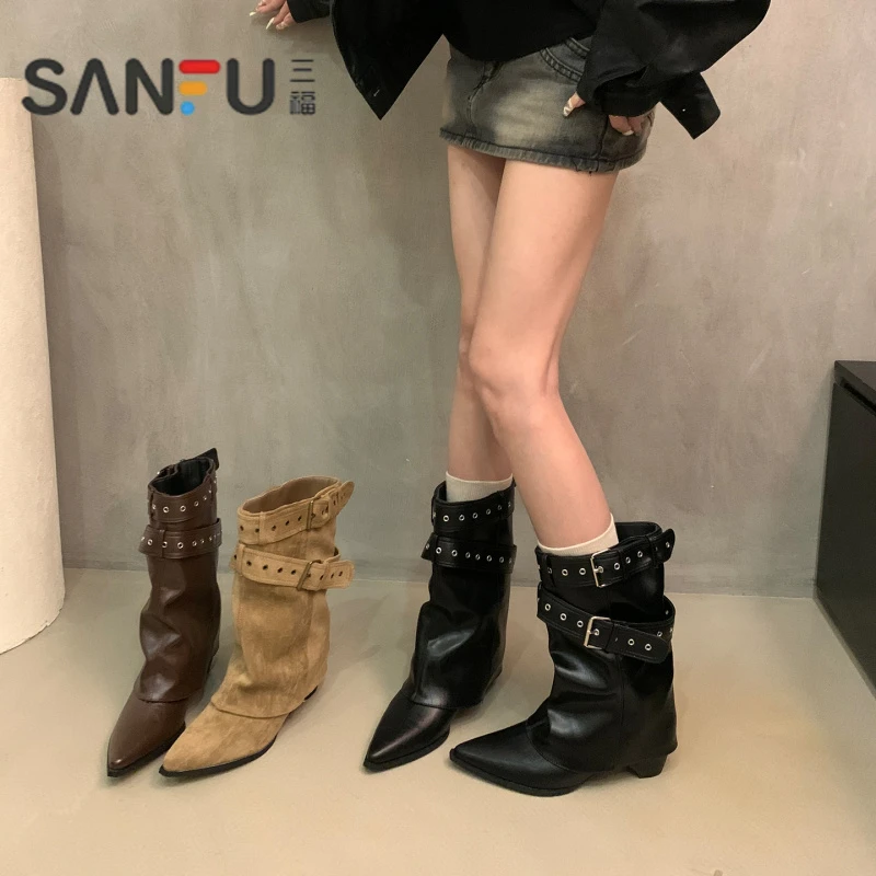 三福美式辣妹皮带扣裤管靴短筒靴女靴2025秋季小众设计短靴西部靴