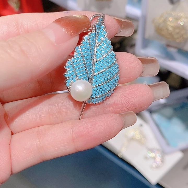 锆石铜合金蓝色叶子胸针