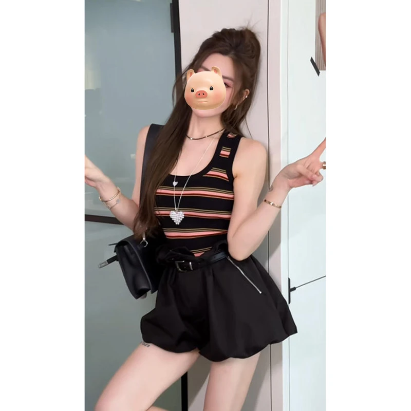 撞色条纹U领冰丝针织吊带背心女夏外穿修身显瘦辣妹短款无袖上衣