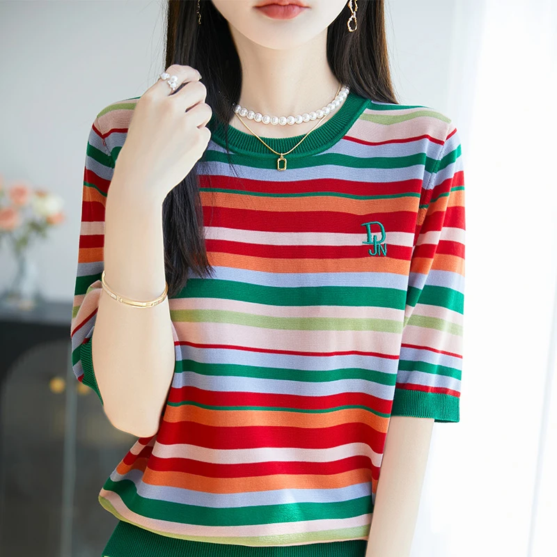 哥弟阿玛施正品新款夏季圆领针织衫女款短袖T恤百搭薄款条纹上衣