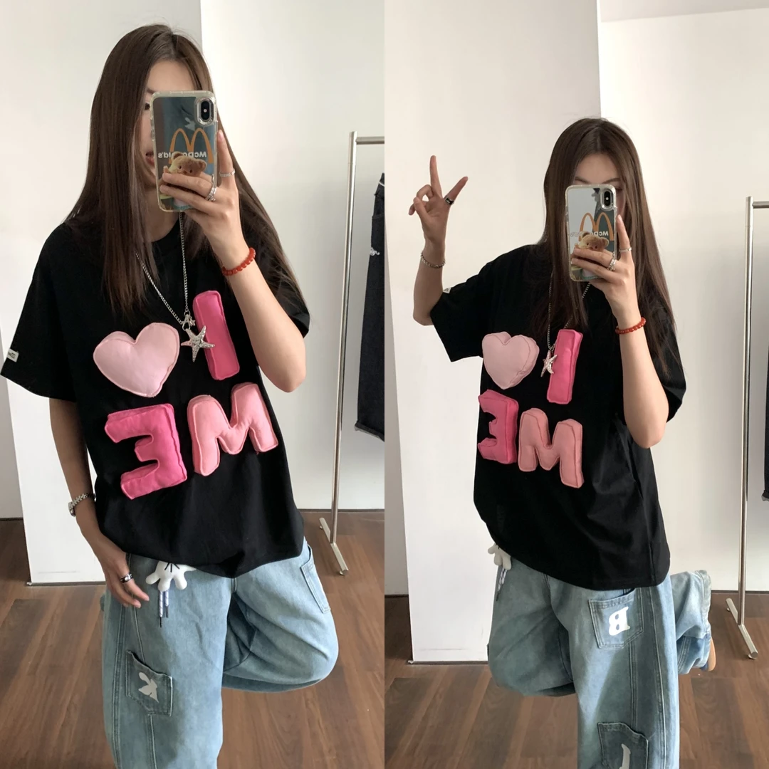 国潮美式复古街头嘻哈字母发泡大刺绣工艺短袖T恤宽松百搭